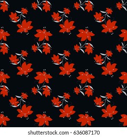 Red flowers seamless vector pattern with black background
