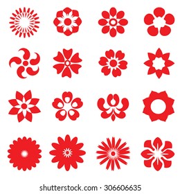 Red flowers - set of abstract vector flowers shapes. Flower heads geometrical collection. Circle floral silhouettes. Vintage flowers as icon, stamp, design element. Isolated on white.