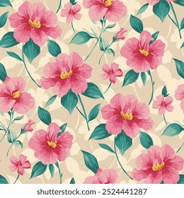 Red flowers with shadow arranged on a yellow background. Seamless floral pattern design.