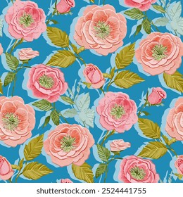 Red flowers with shadow arranged on a blue background. Seamless floral pattern design.