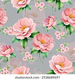 red flowers with shadows arranged on a gray background. seamless floral pattern design.