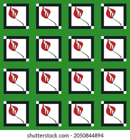 Red flowers in squares. Ornamental and geometric design in green, red and white.  Seamless repeatable vector pattern. 