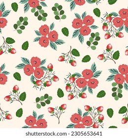 Rote Blumen und Erdbeeren nahtlose Muster