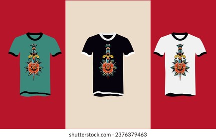 red flowers and sword vector t shirt design