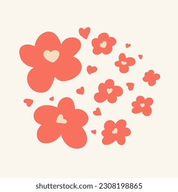 Red flowers and tiny hearts in circle shape. Hand drawn, boho style, retro design. Collection colorfully shapes. Elements for web, scrapbooking, stickers, wallpaper, poster.