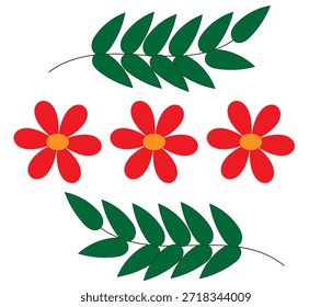 rote Blumen und zwei Zweige auf weißem Hintergrund,