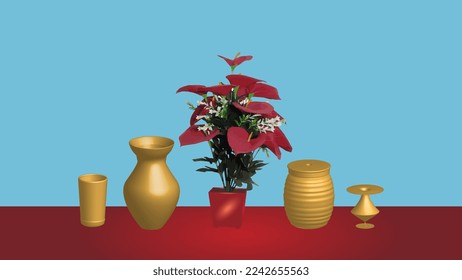 red flowers in vase red and blue background with gold color drinking vessel 