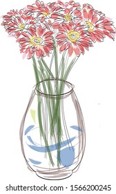 Red flowers in a vase isolate. Vector graphics. Camomiles for a card.