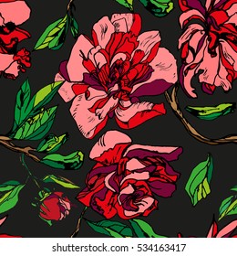 Red flowers vector floral pattern graphic style on a black. Hand painting peony colorful blossom background.