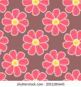 Red flowers with white edges reflecting shadows, yellow stamens, brown background. pattern and background.