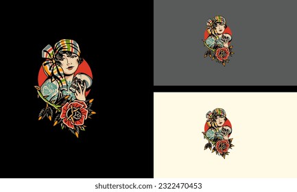 red flowers and women vector illustration mascot design