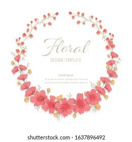 Red Flowers wreath for floral template background.Botanical flowers can be used for printing, banner, advertise, greeting, wallpaper, birthday or wedding anniversary.Vector invitation card concept.