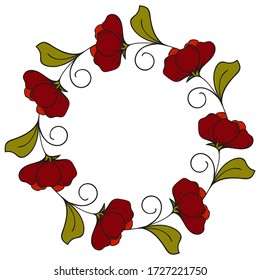 Red flowers, wreath, national ornament, place for text, banner, label, bright illustration, juicy pattern, folklore, vector.