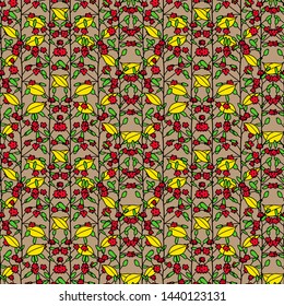 red flowers with yellow leaves and abstract green dots drawn on a dark brown background