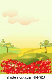 red flowers,tree and green grass