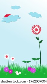 Red flowers,white and purple flowers on green grass with fluffy clouds blue sky in garden. saving environment Day,  forest day, for create greeting card 