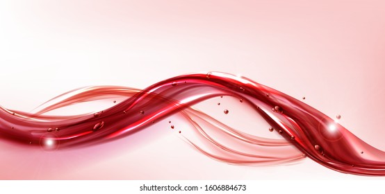 Red Flowing Liquid Splash Realistic Vector Illustration. Shining Stream Of Fruit Juice Or Wine With Gloss And Lens Flare, Color Water Flow Poster, Pattern Template For Packaging Design