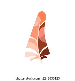 Red fluffy bird feather cartoon illustration. Graphic bright quill with abstract pattern for web design isolated on white background. Plumage concept.