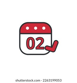 Red fluffy calendar vector flat icon with gray outline marking day 02, marked day of the month.