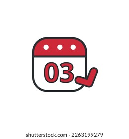 Red fluffy calendar vector flat icon with gray outline marking day 03, marked day of the month.