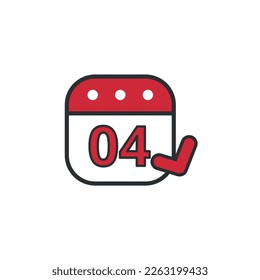 Red fluffy calendar vector flat icon with gray outline marking day 04, marked day of the month.