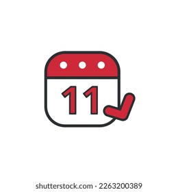 Red fluffy calendar vector flat icon with gray outline marking day 11, marked day of the month.