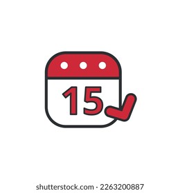 Red fluffy calendar vector flat icon with gray outline marking day 15, marked day of the month.