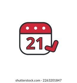 Red fluffy calendar vector flat icon with gray outline marking day 21, marked day of the month.