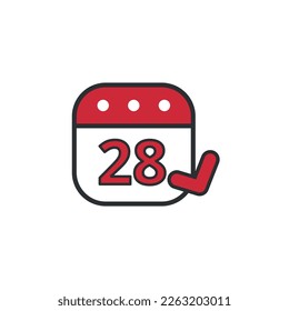 Red fluffy calendar vector flat icon with gray outline marking day 28, marked day of the month.