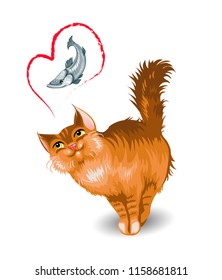 Red fluffy cat dreams of fish. Isolated on white background. Vector illustration.