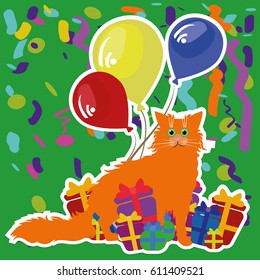 A red fluffy cat with round green eyes. A cat in a circle of gifts and balls in the air. Birthday card. Children's illustrations. Candy, holiday, mood.