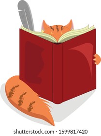 A red fluffy cat-writer character with a huge book isolated vector art