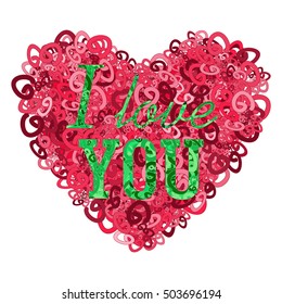 Red fluffy curly heart with the inscription. I love you. Vector illustration isolated on white.      