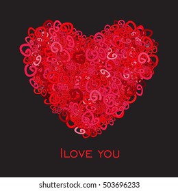 Red fluffy curly heart with the inscription. I love you. Vector illustration on black background   