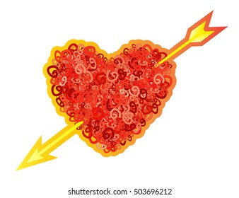 Red fluffy curly heart pierced by an arrow. Vector illustration isolated on white.  