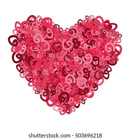 Red fluffy curly heart. Vector illustration isolated on white.  