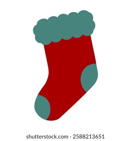 Red fluffy sock with green toe and heel flat icon vector illustration.