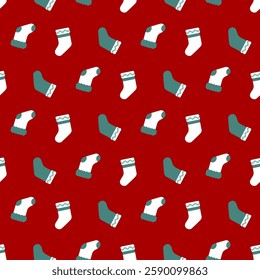 Red fluffy sock with green toe and heel flat icon vector illustration. Christmas seamless pattern.