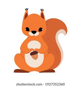 Red Fluffy Squirrel with Bushy Tail Holding Acorn Vector Illustration