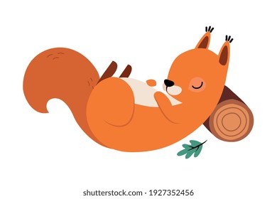 Red Fluffy Squirrel with Bushy Tail Sleeping Leaning on Log Vector Illustration