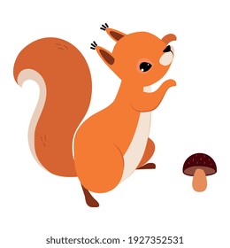 Red Fluffy Squirrel with Bushy Tail Jumping Near Mushroom Vector Illustration