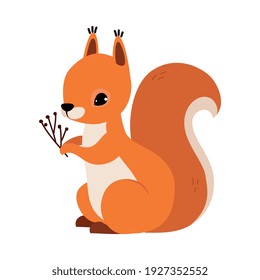 Red Fluffy Squirrel with Bushy Tail Holding Tree Branch Vector Illustration