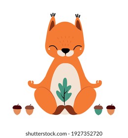 Red Fluffy Squirrel with Bushy Tail Sitting in Yoga Pose Vector Illustration