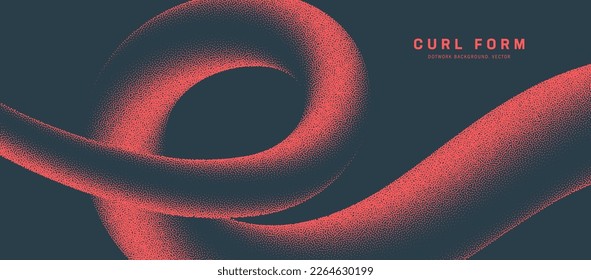 Red Fluid Curl Form Vektor Dot Arbeit Panorama Conceptual Abstrakte Hintergrund. Dynamic Twisted Shape Stipple Graphic Design Element. Curve Line Wide Modern Creative Tapete. Halftone Kunstillustration