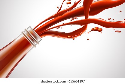 red fluid from glass bottle, white background 3d illustration