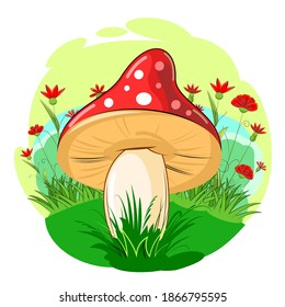 Red fly agaric mushroom on the background of a blooming meadow. Wildflowers and grass. Vector isolated on white. Cartoon flat style. Beautiful little forest mushroom. Scenery. Landscape.