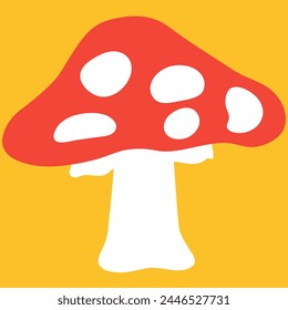 Red fly agaric mushroom with white dots and white stem, flat illustration
