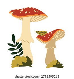 Red Fly Agaric Mushrooms Vector Illustration Flat Geometric Toadstool Forest Element