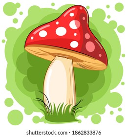 Red fly agaric on an abstract background. Picture. Vector isolated on white. Cartoon flat style. Beautiful little forest mushroom in the grass.