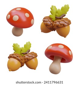 Red fly agaric and pair of ripe acorns with oak leaves. Realistic autumn objects in different positions. Isolated image on white background. Vector templates